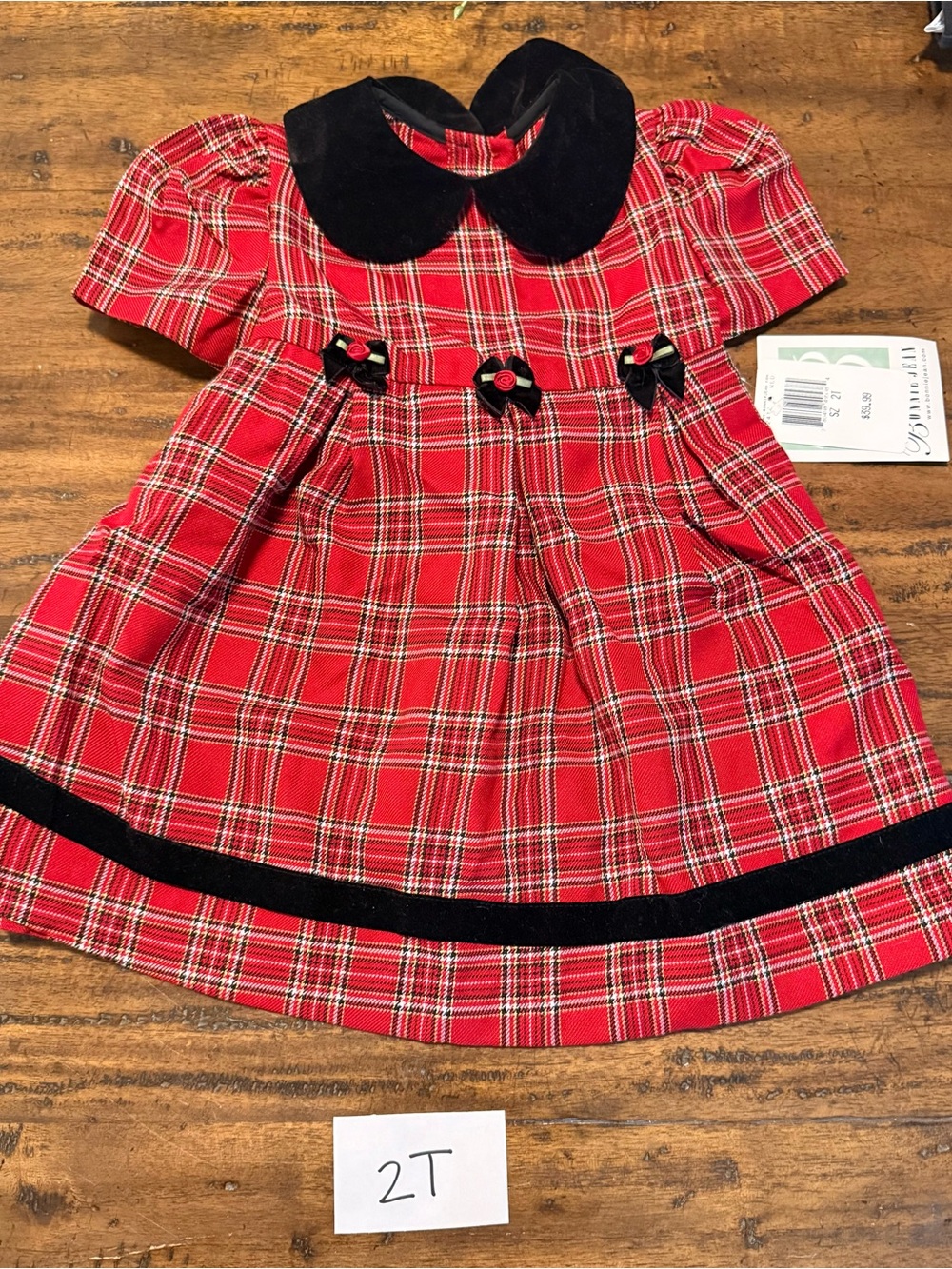 Red Plaid Toddler Dress with Black Velvet Collar